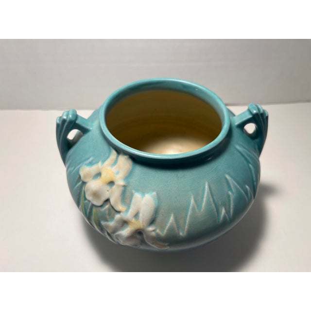 Art Deco 1939 Roseville Iris Blue Art Deco Pottery Matt Ceramic Vase # 357-4 For Sale - Image 3 of 10