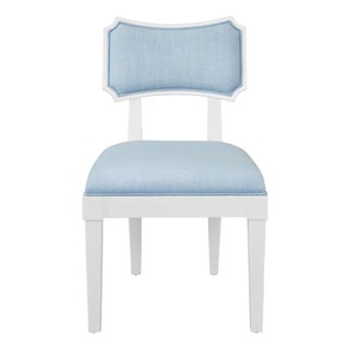 Matthew Izzo Home Hayden Light Blue Performance Linen and Matte White Lacquer Bow Back Dining Chair For Sale
