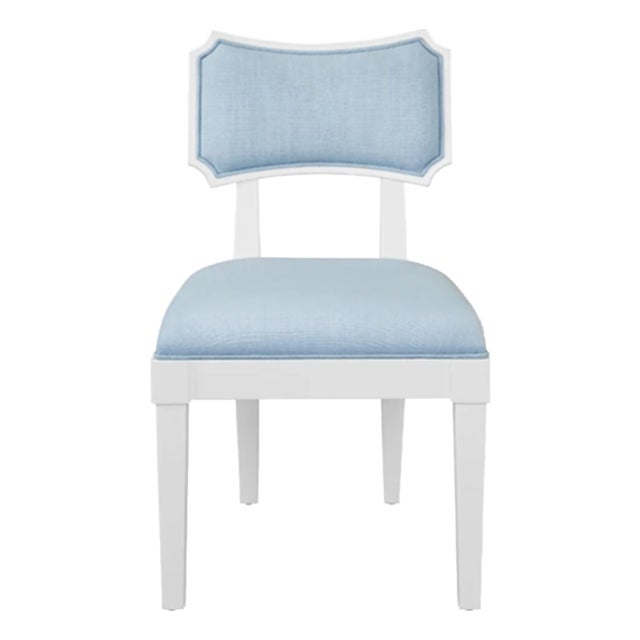 Matthew Izzo Home Hayden Light Blue Performance Linen and Matte White Lacquer Bow Back Dining Chair For Sale
