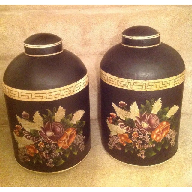 Traditional English Black Floral Design Tea Caddy For Sale - Image 3 of 13