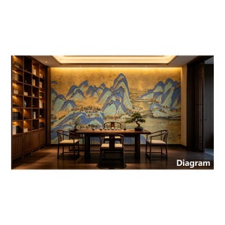 36" * H108"/Panel * 5ps, Mustard-Yellow a Thousand Li of Rivers and Mountains Wallpaper, Chinese-Style Wallpaper Mural, 5 Panels For Sale