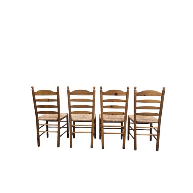 Late 20th Century Vintage French Country Rush Seat Ladder Back Dining Chairs – Set of 4 For Sale - Image 5 of 11