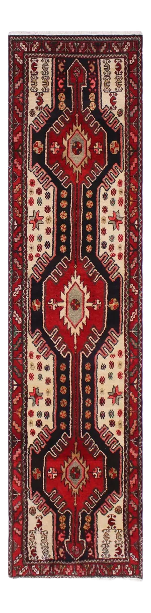 Mid 20th Century Hamadan Red/Blue Hand-Knotted Wool Runner 2'11 X 10'11