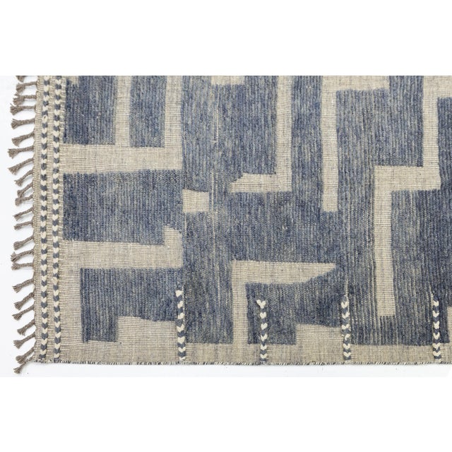 Cream 10x14 Modern Maze Blue & Cream Moroccan Geometric Handmade Wool Rug For Sale - Image 8 of 11
