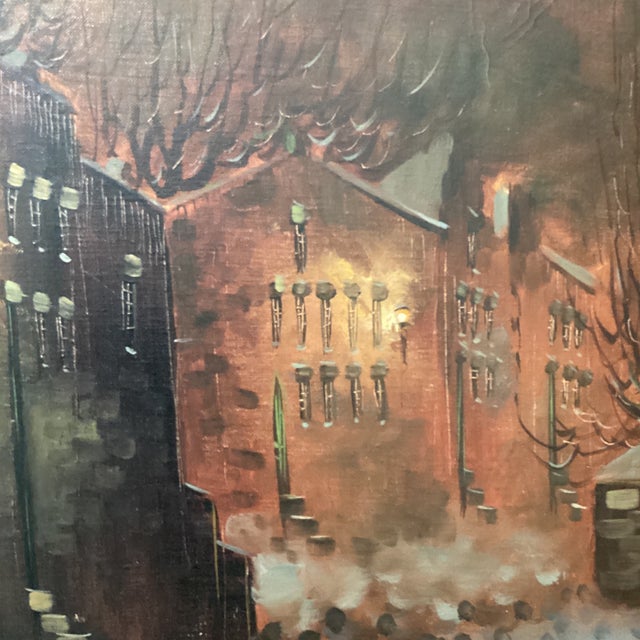 Wood Vintage Oil Painting on Canvas "City Motif at Dusk" Signed Framed For Sale - Image 7 of 12