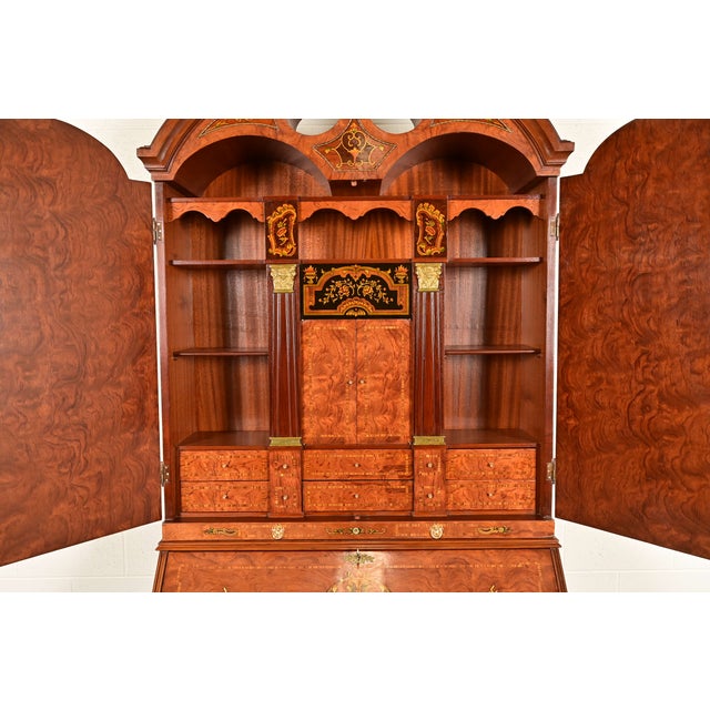 Baker Furniture Style Georgian Burl Wood Inlaid and Hand Painted Drop Front Secretary Desk With Bookcase Hutch Top For Sale In South Bend - Image 6 of 15