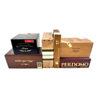 Curated Collection of Six Premium Wooden Cigar Boxes for Decorative Display & Storage For Sale
