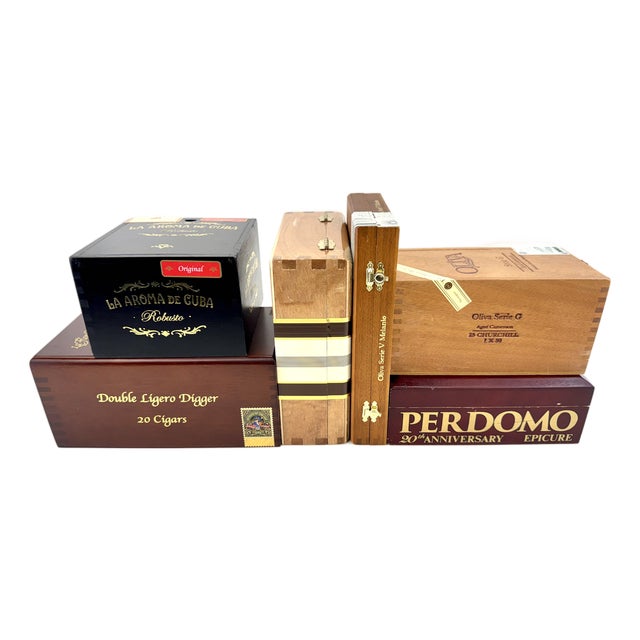 Curated Collection of Six Premium Wooden Cigar Boxes for Decorative Display & Storage For Sale