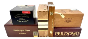 Curated Collection of Six Premium Wooden Cigar Boxes for Decorative Display & Storage
