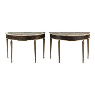 Early 20th Century Pair of Regency Style Marble Top Demilune Console Tables For Sale