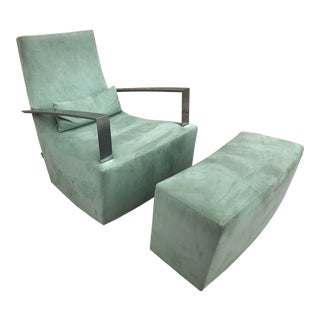 Contemporary Ligne Roset Mint Microsuede Rocker With Ottoman - 2 Pieces For Sale