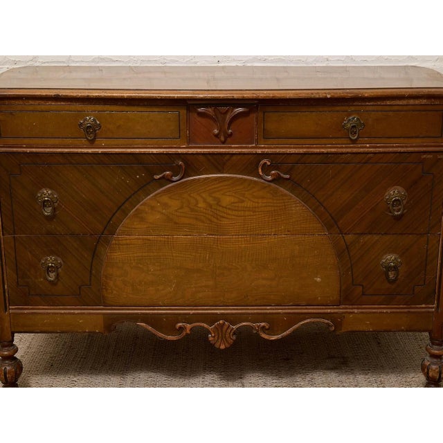 Vintage Art Deco Waterfall Dresser With Decorative Inlay and Ring Pulls For Sale In Los Angeles - Image 6 of 12
