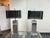Design Plus Gallery presents a Pair of Circa 1970's Modern Chrome + Smoked Acrylic Table Lamps by Charles Hollis Jones....