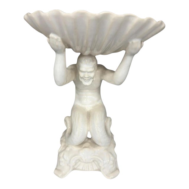 Vintage Portuguese White Glazed Ceramic Figural Shell Compote Centerpiece Blanc De Chine Rocco Style For Sale