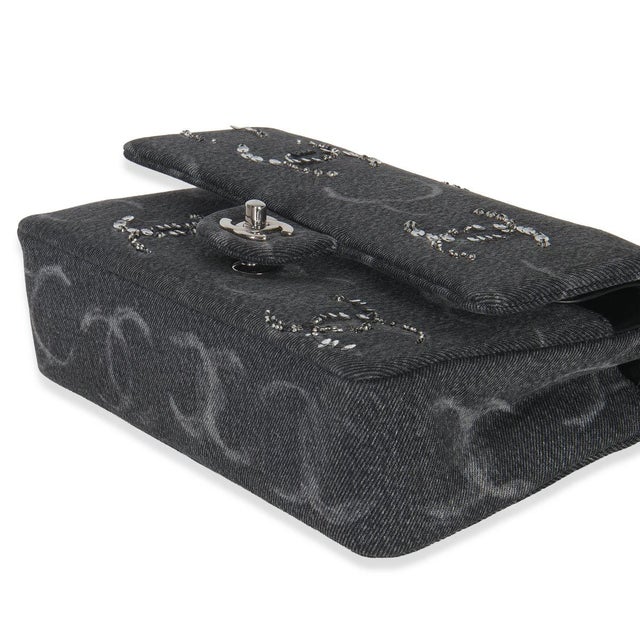 Animal Skin Black Denim Sequin CC Medium Classic Double Flap Bag For Sale - Image 7 of 9