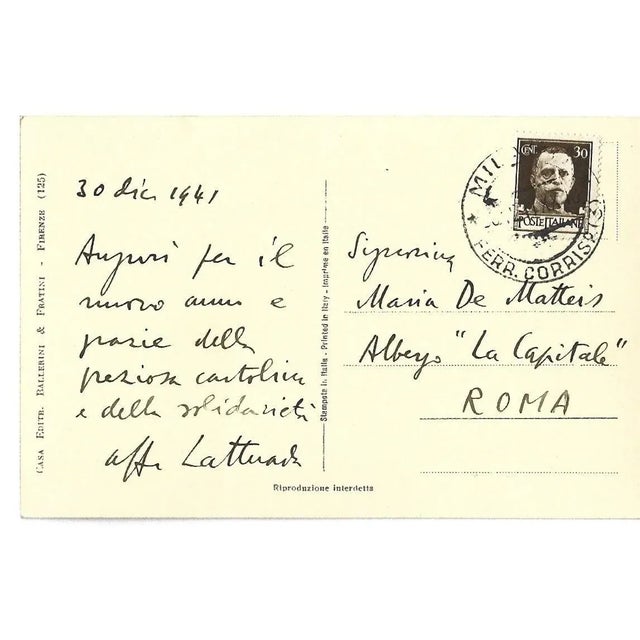 Autograph Happy New Year Card Signed and Dated by Alberto Lattuada to Maria De Matteis. Milan, December 30th 1941. 9.2 x...