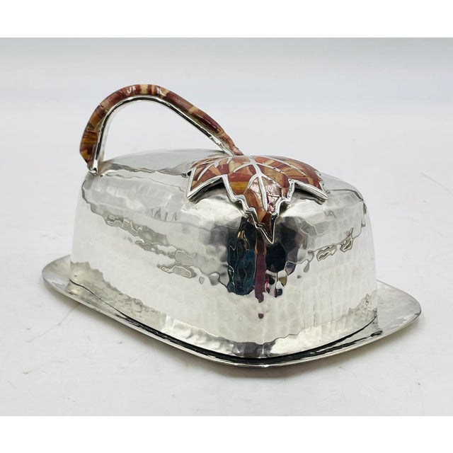 1980s Emilia Castillo Silver Plated “Maple Leaf” Jasper Inlay Covered Butter Dish For Sale In Los Angeles - Image 6 of 14