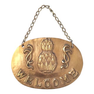 Circular Brass Pineapple Welcome Plaque Sign For Sale