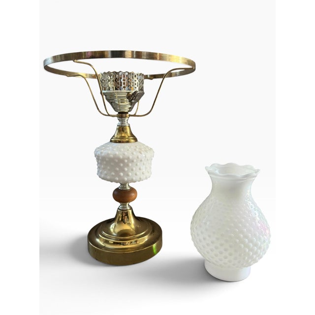 Vintage Hobnail Milk Glass & Brass Hurricane Table Lamp With Turned Wood Accent For Sale - Image 10 of 10