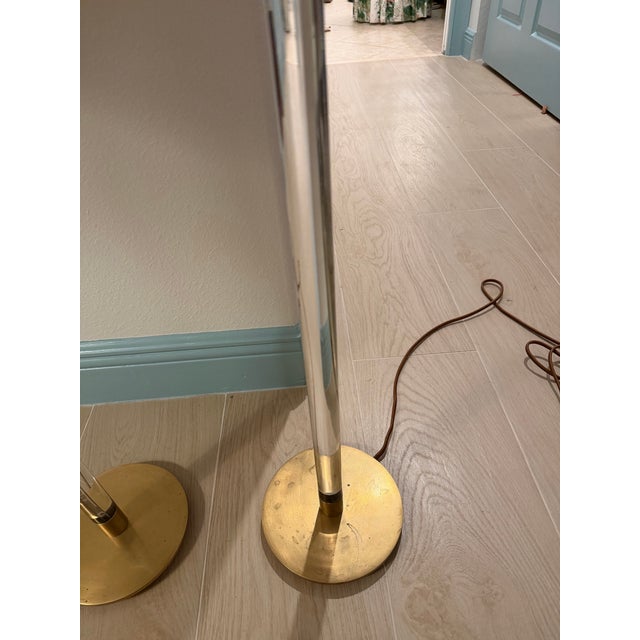 2020s Pair of Visual Comfort Aerin Riga Buffet Lamps With Fermoie Pink Figured Lampshades For Sale - Image 5 of 8