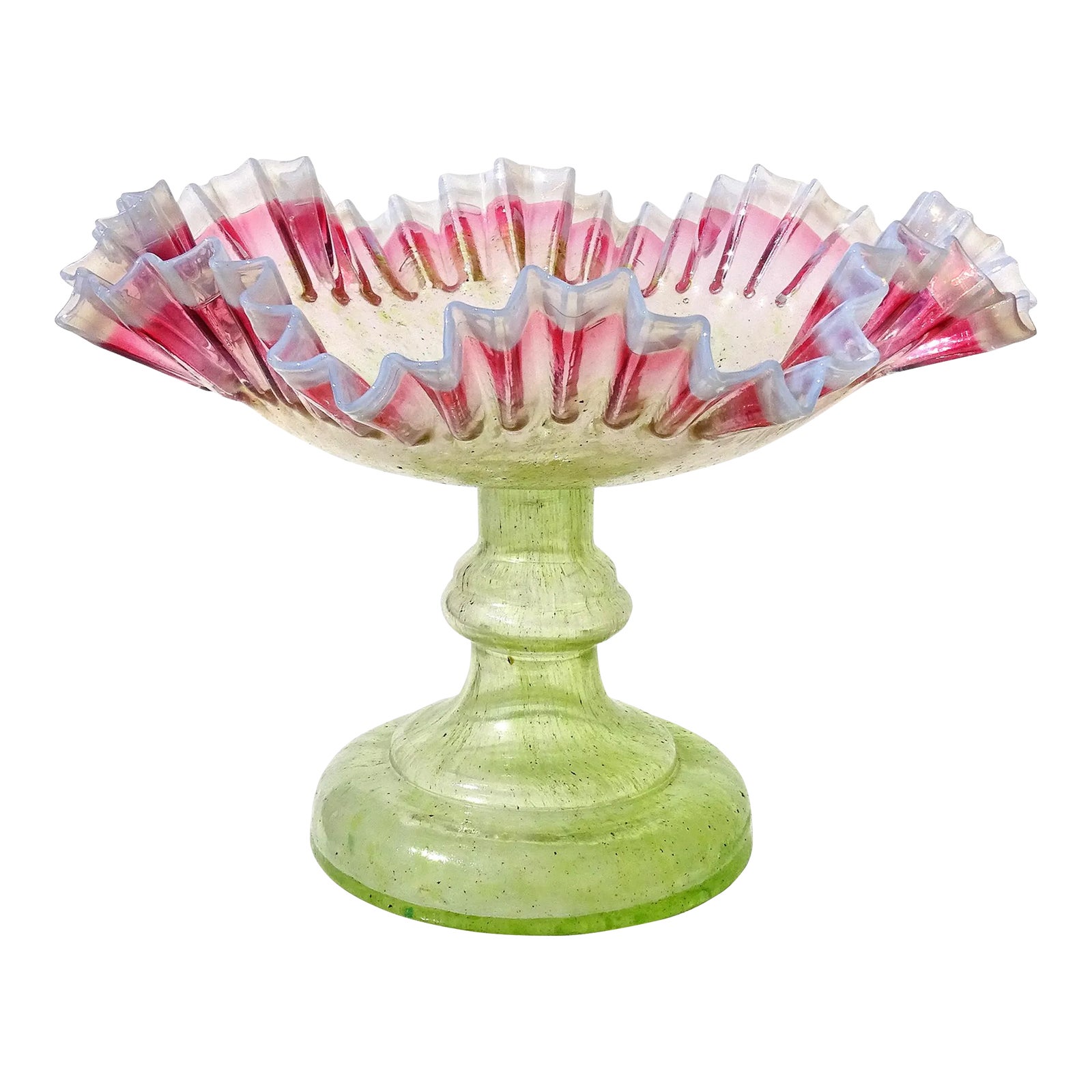 Antique Victorian Era Green Pink White Opalescent Crimped Rim Footed
