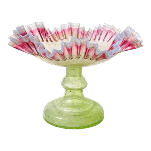 Antique Victorian Era Green Pink White Opalescent Crimped Rim Footed Flower Compote Bowl Vase
