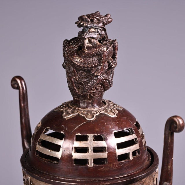 1980s Bronze & Silver-Inlaid Tripod Censer With Elephant Legs & Bagua Lid For Sale - Image 5 of 8