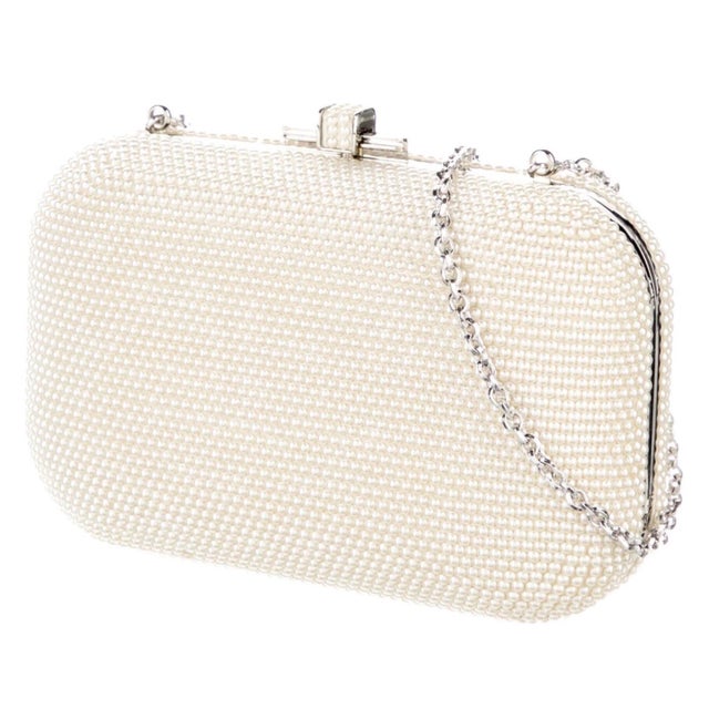 2020s Judith Leiber Slide Lock Crystal Pearl Ivory White Shoulder Clutch Evening handBag Minaudière For Sale - Image 10 of 10