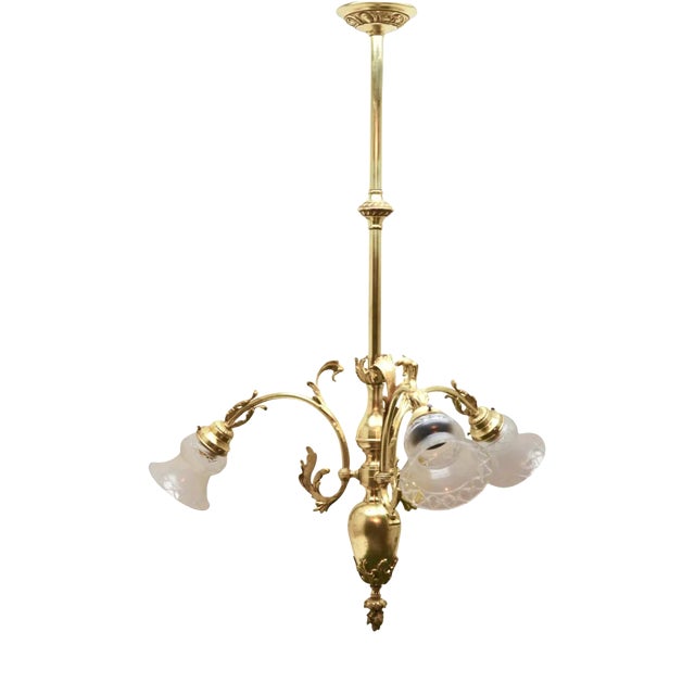 Pendant Chandelier in Solid Polished Brass with Three Arms, Late 19th Century For Sale