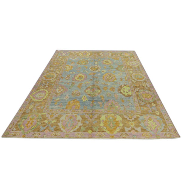 Early 21st Century Early 21st Century Blue & Pink Handwoven Wool Turkish Oushak Rug 6'9" X 8'4" For Sale - Image 5 of 6