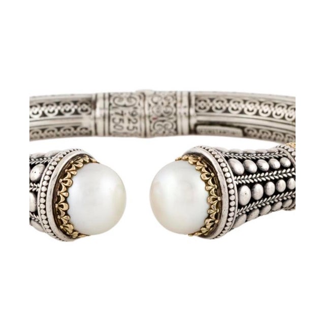Konstantino etched bracelet from the Classic Pearl Collection. Two luminous mabe pearls cap an intricate sterling-silver...