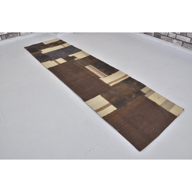 Turkish Mid 20th Century Brown & White Nomadic Kilim Runner For Sale - Image 3 of 9