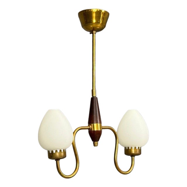 Swedish Modern, Pendant Light, Wood, Brass, Glass, 1960s For Sale