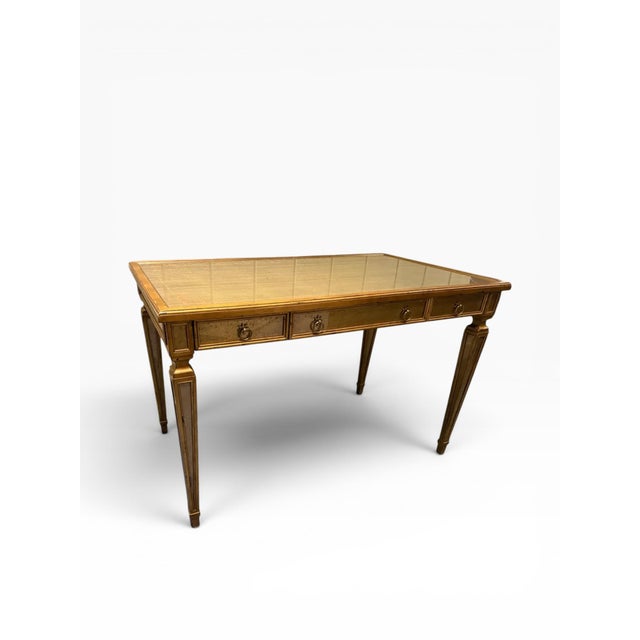 Glass Theodore Alexander Italian-Inspired Distressed Gold Leaf Writing Desk With Antiqued Mirror – Art Deco For Sale - Image 7 of 13
