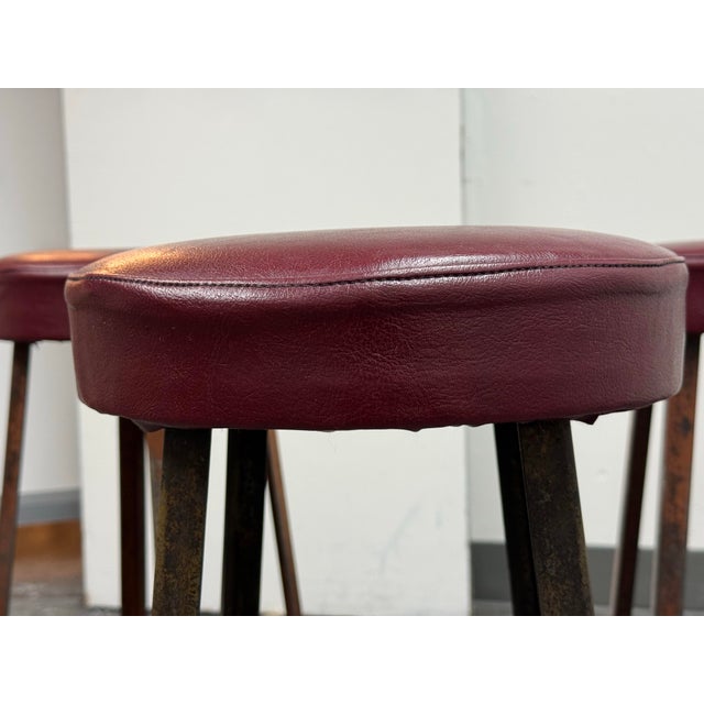 Plastic Mid 20th Century Burgundy Vinyl + Metal Bar Stools, Set of Three For Sale - Image 7 of 12