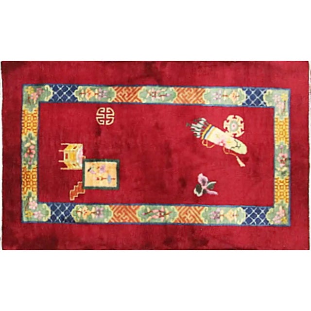 Antique handwoven art deco Chinese rug, c-1920's, made of natural dyed wool with red background color and multi colors...