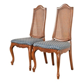 Baker Furniture Style French Provincial Louis XV Carved Walnut and Cane Back Side Chairs or Dining Chairs, Pair For Sale
