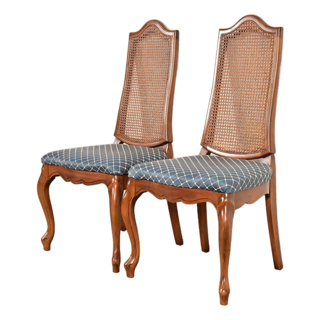 Baker Furniture Style French Provincial Louis XV Carved Walnut and Cane Back Side Chairs or Dining Chairs, Pair For Sale