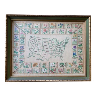 Vintage 1940s Framed Paragon Usa Embroidered Floral Map For Sale