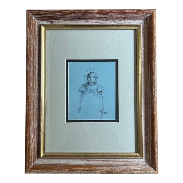 1980s Framed Original Sketch of Girl For Sale