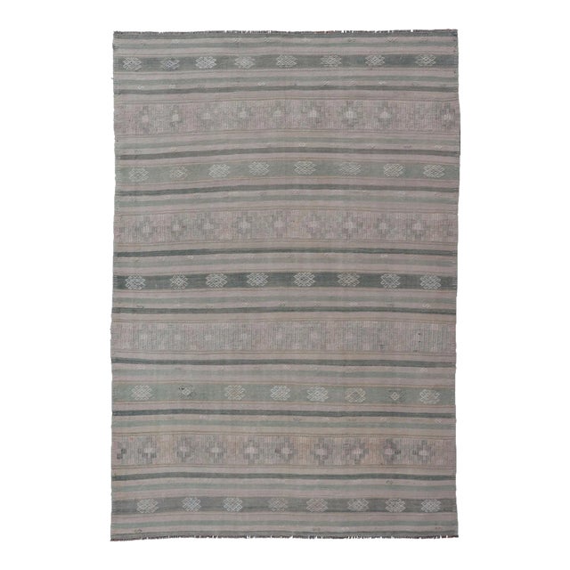 Flat-Weave Hand Woven Kilim With Embroideries in Taupe, Tan, Blue and Gray For Sale