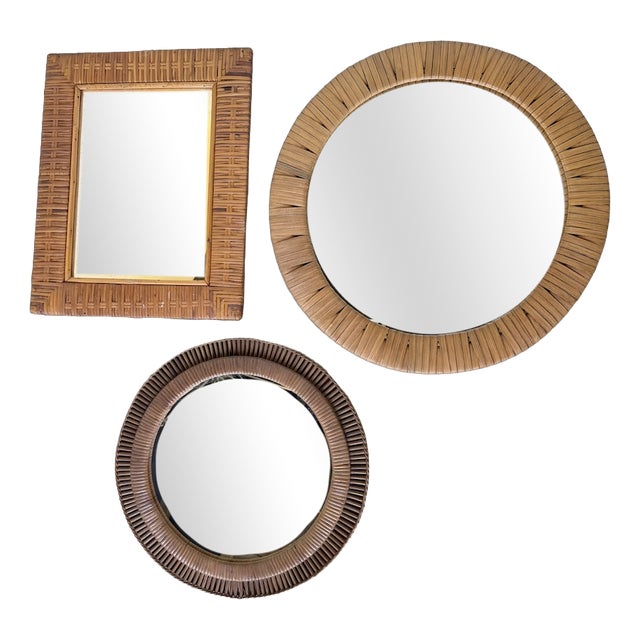 Vintage Woven Wicker Mirrors, 1950s, Set of 3 For Sale