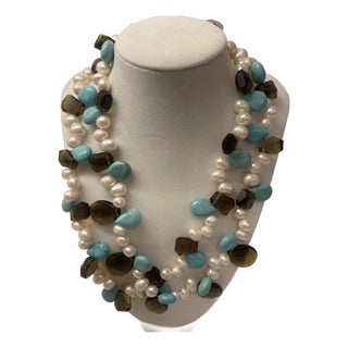Turquoise/Pearls,smokey Quartz Double Strand Necklace For Sale