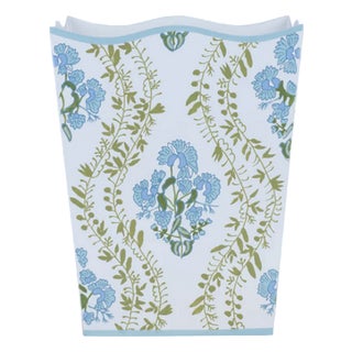 Blue Hydrangea Trellis Tole Waste Basket For Sale
