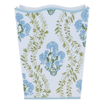 Blue Hydrangea Trellis Tole Waste Basket For Sale