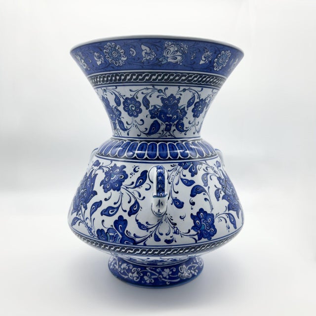 Handmade Ceramic “Kandil” Vase (30cm) Rare 3-Handled Design Blue & White Floral Centerpiece For Sale - Image 4 of 6