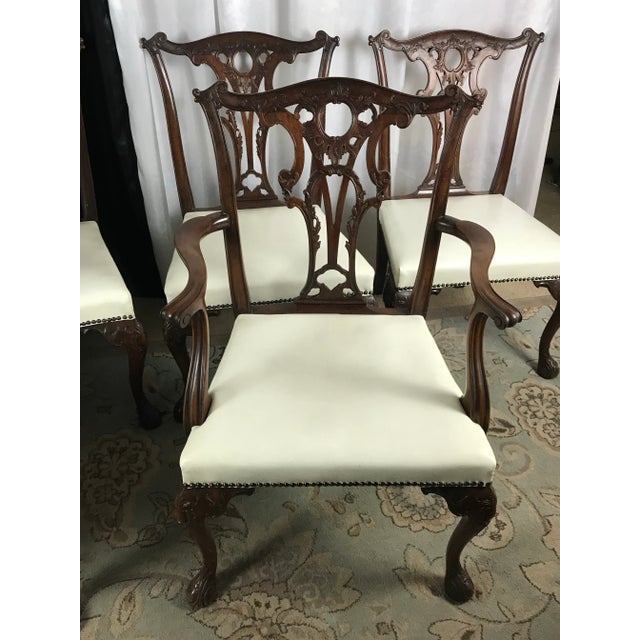 Wood Carved Mahogany Chippendale Dining Chairs, Set of 6, White Faux Leather For Sale - Image 7 of 12