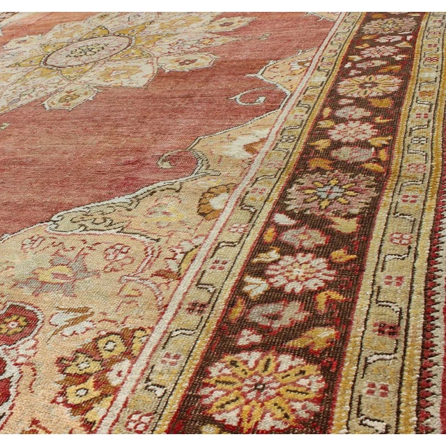 Antique Oushak Medallion Rug in Rose, Pale Green, Light Blue, Gold and Brown For Sale In Atlanta - Image 6 of 8