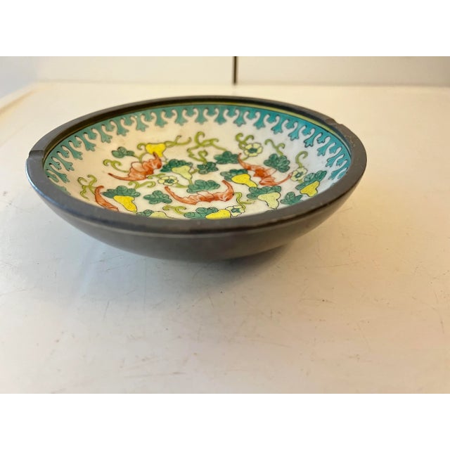 Asian Mid Century Asian Porcelain Bowl Wrapped in Pewter For Sale - Image 3 of 9