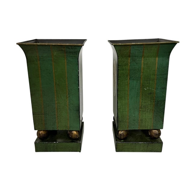 Vintage Metal Tole Vases - A Pair For Sale - Image 6 of 9